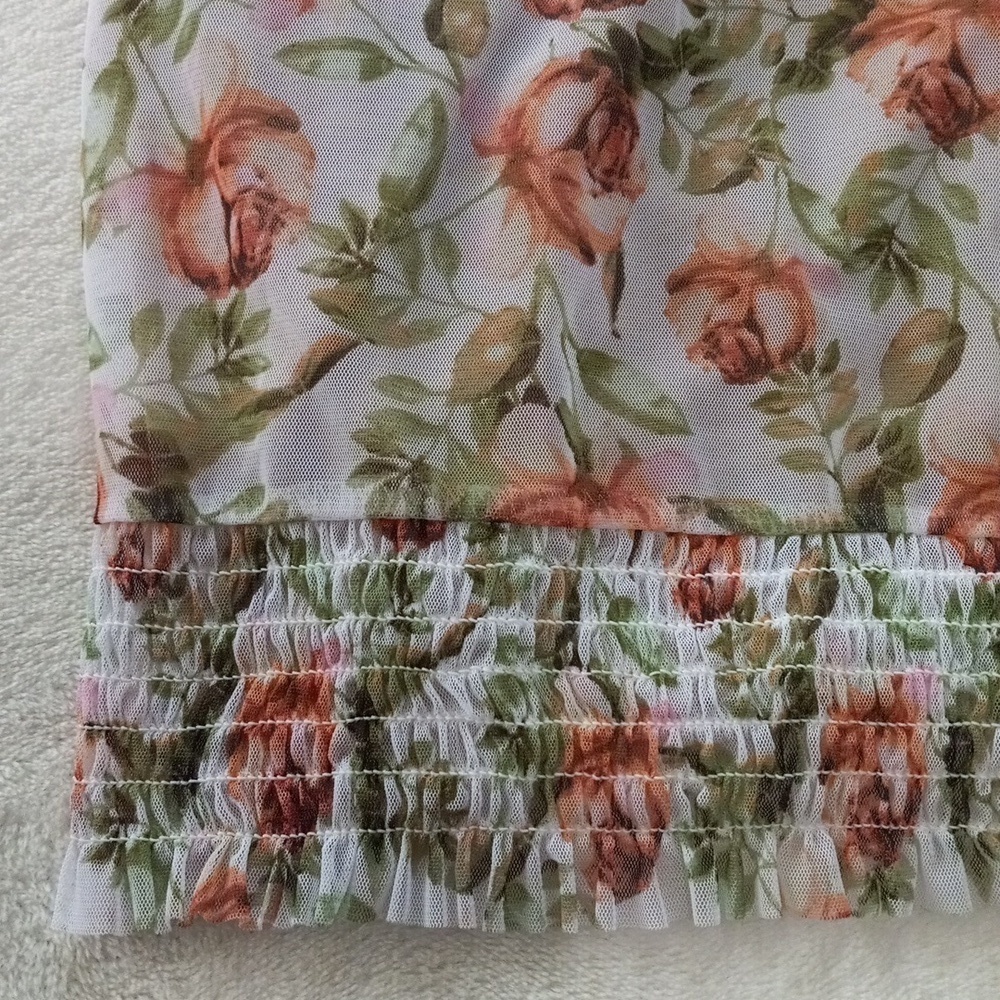 INC International Concepts Pink Rose Floral Chiffon Ruffle Smocked Blouse Small - Picture 10 of 15